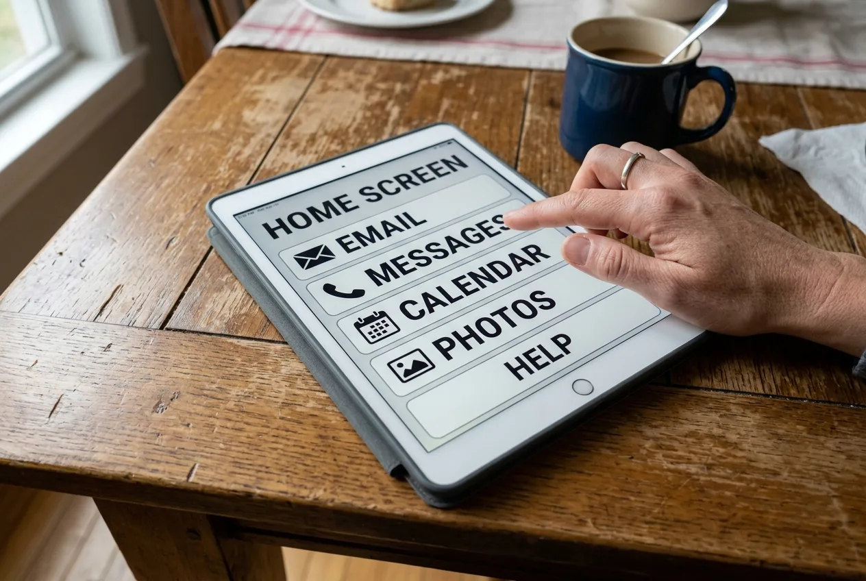 Detailní pohled na tablet s velkým písmem a jednoduchým uživatelským prostředím