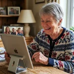 Senior s radostí používá tablet pro videohovory s rodinou