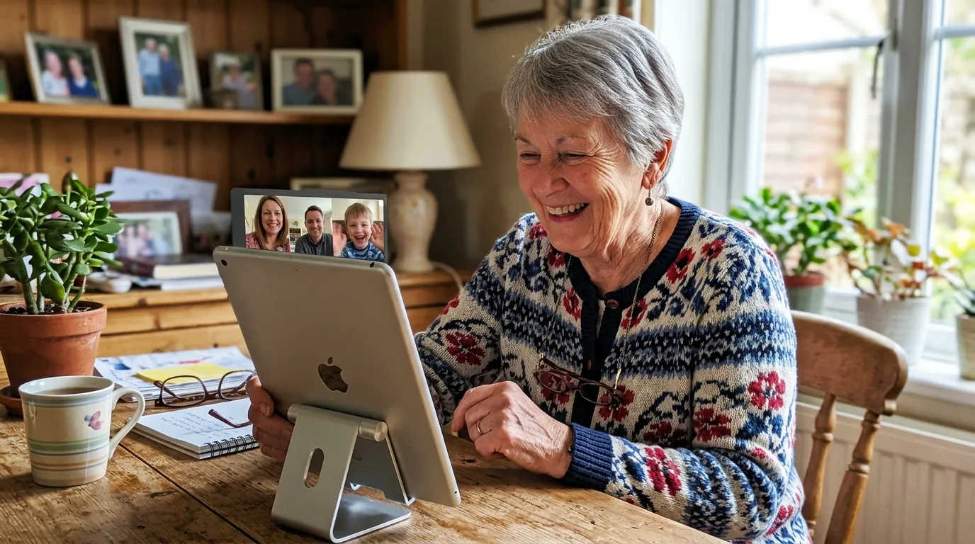 Senior s radostí používá tablet pro videohovory s rodinou